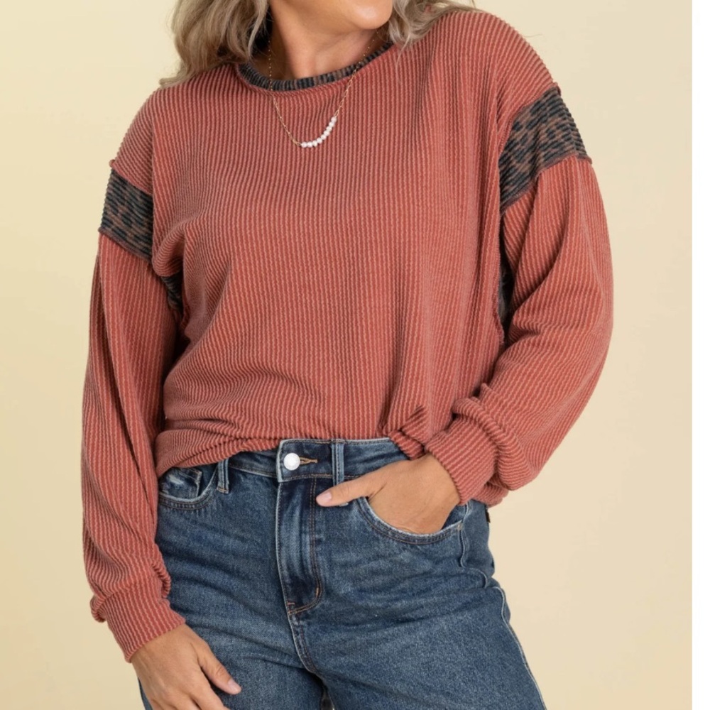 HEIMISH USA Rust Red Waffle Knit Top Leopard Print Long Sleeve Top